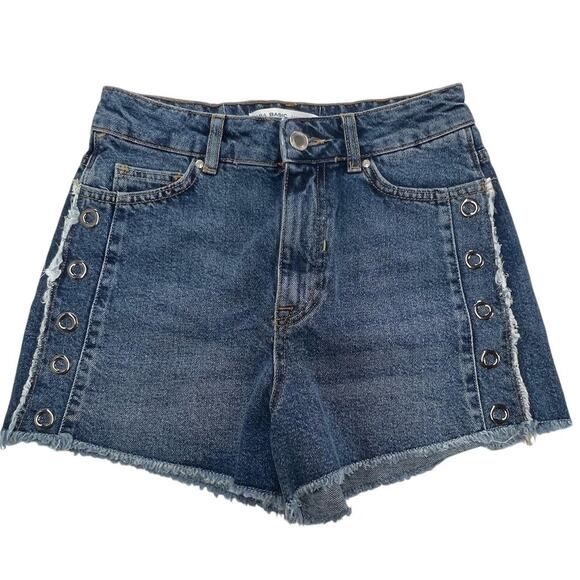 Zara Denim Shorts Womens 2 High Rise Grommet Side Fray Hem Summer Cutoff - Picture 2 of 8